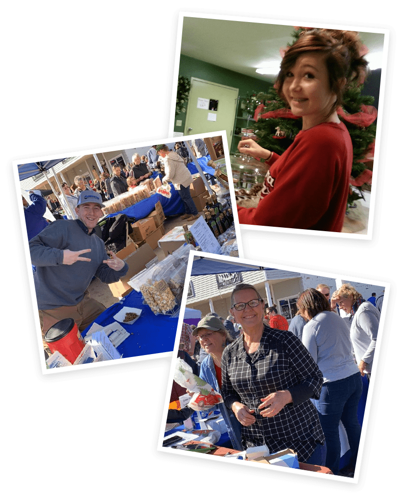 Photo collage of Luther Pecan Festival. A worker smiling. Deann Smith at a booth. A man throwing peace signs at the booth.