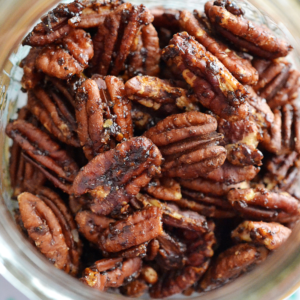 Jalapeno spiced pecans in a glass jar