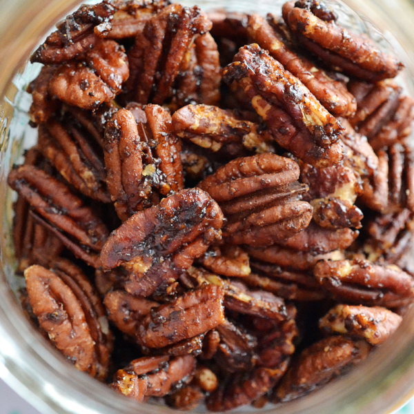 Jalapeno spiced pecans in a glass jar